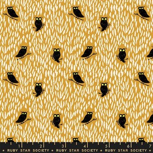 May include: A seamless fabric pattern featuring black owls with yellow eyes on a mustard yellow background with white feather-like shapes.