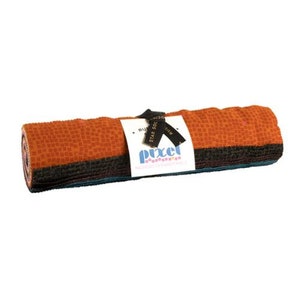 May include: Rolled fabric bundle in shades of orange, black, and teal. The orange fabric has a textured, pixelated pattern. A white label with the word "pixel" and a black ribbon are wrapped around the bundle. The label also has the words "STAR SOCK".