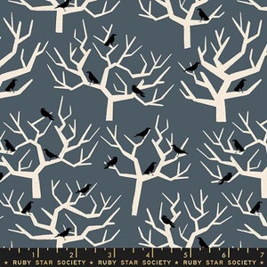 May include: A fabric pattern featuring stylized white trees with black crows perched on their branches against a dark blue background. The text "RUBY STAR SOCIETY" is at the bottom.