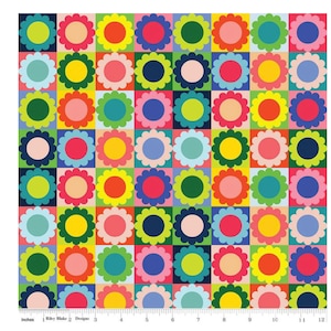 May include: A colorful fabric pattern featuring a grid of flowers. Each flower has a contrasting center and petals, set against a square background. The color palette includes red, pink, yellow, blue, and green. The fabric is marked with inches.
