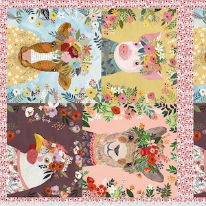 May include: A colorful patchwork design featuring a cow, pig, llama, and chicken, each wearing a floral crown. The background is a pink and white floral pattern.