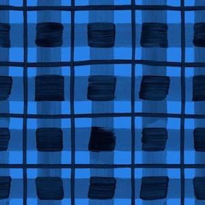 May include: A seamless pattern of blue and dark blue squares, creating a checkered pattern. The squares are painted with a brushstroke effect, giving the pattern a textured look.