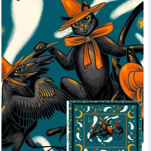 May include: A teal blue fabric with a repeating pattern of black cats wearing orange witch hats, crows, and ghosts. The fabric has a white star pattern and a repeating moon pattern.