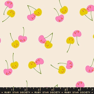 May include: A repeating pattern of cartoon cherries in pink and yellow with smiling faces on a cream background. The cherries have green stems. The text "RUBY STAR SOCIETY" is at the bottom.