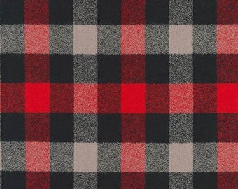May include: Red, black, and gray plaid fabric with a textured woven pattern.