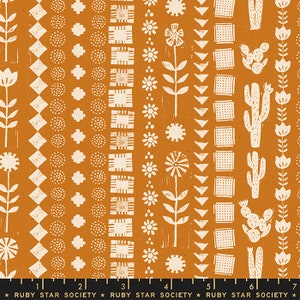 May include: A seamless fabric pattern with a repeating design of white geometric shapes and floral motifs on a mustard yellow background. The pattern includes stylized flowers, cacti, and geometric shapes.