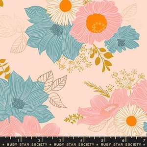 May include: A pink floral fabric with a repeating pattern of blue, pink, and yellow flowers. The flowers are outlined in gold and have a vintage style.