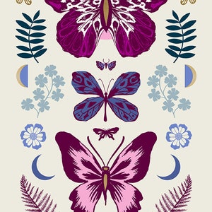 May include: A vertical pattern of butterflies, flowers, and crescent moons in shades of pink, purple, blue, and gold on a cream background.