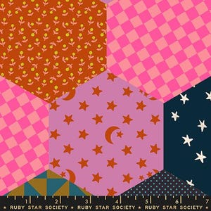 May include: A patchwork design featuring various hexagonal patterns. The patterns include orange floral, pink checkered, pink with stars and moons, and navy with white stars. The text "RUBY STAR SOCIETY" is printed at the bottom.