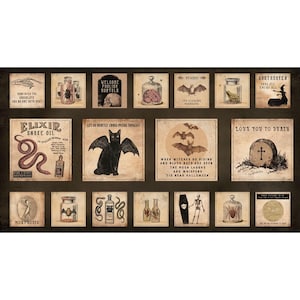 May include: A collection of vintage-style Halloween-themed art prints. The prints feature illustrations of bats, snakes, skulls, and other spooky imagery. Text includes phrases like "Elixir Snake Oil" and "Love You to Death."