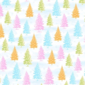 May include: A repeating pattern of colorful Christmas trees in shades of pink, blue, green, and orange on a white background. The trees are stylized and evenly spaced, with small snowflakes scattered throughout.