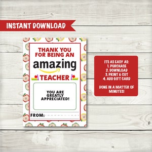 Printable Gift Card Teacher Appreciation Gift// Amazon Gift Card ...