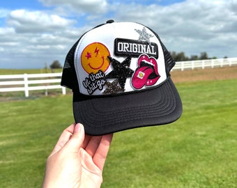 Trucker Hat with Patches / Trucker Patch Hat / Smiley Patch Hat / Original Patch / Trucker Hat for Women / Multiple Patch Hat /