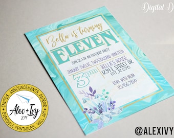 Cumpleaños de mármol turquesa / teal con gemas invitación imprimible - undécimo cumpleaños invitación