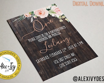 Simply Rustic 1st birthday Printable- Rose gold glitter birthday