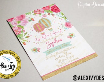 Glitter Hot Air Balloon printable invitation