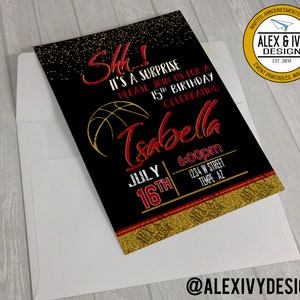 Invitación de cumpleaños de baloncesto brillante- archivo digital- rojo y oro de baloncesto invitan
