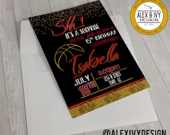 Glitter Basketball Birthday Invitation- Digital File- Red and gold basketball invite