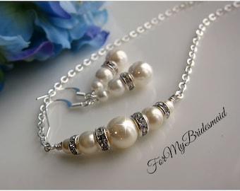 Wedding jewelry. Accessories. Bridesmaid Jewelry Sets. Ivory silver Pearl Set. Custom Pearl Necklace Earrings Set, Vintage Inspired Jewelry