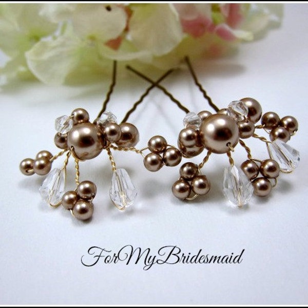 Bridal Hair Pins. Pearl Rhinestones Crystals Pins. Cluster Pearl Hair Clips. Wedding Hair Pins. Champagne brown peals. Set of 2. Formal updo