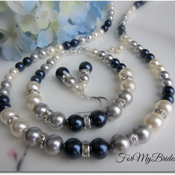 Wedding Pearl Jewelry Set, Bridal Jewelry Set, Navy Blue Grey Ivory Bridal Pearl Necklace Earrings Set, Mother of the Bride, Gift for Mother