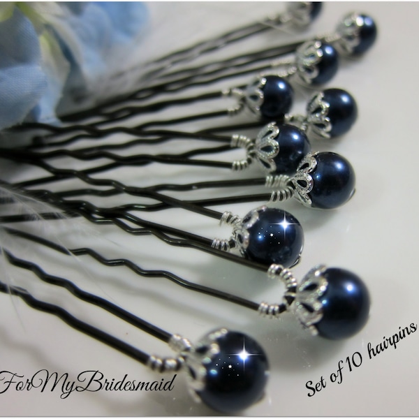 Bridal Hair Pins. Pearl Bridal Hair Pins. Simple Pearl Hair Pins. Blue Silver Pearl Bobby Pins. Wedding Hair Pins. Set of 10 Hair Pins. 8mm