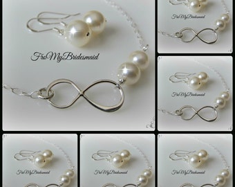 Set of 6 Infinity Necklace, Sterling Silver ivory Pearl, Infinity Pendant, Best Friends Gift, Maid of Honor, Bridesmaid Infinity Charm