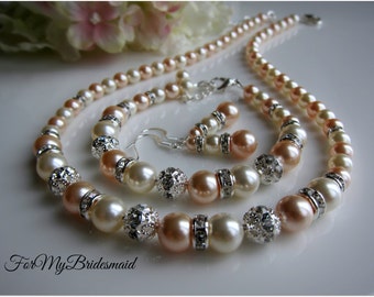 Bridal Jewelry SET, Wedding Necklace SET, Bridal Necklace, Bracelet and Earrings Set, Wedding Jewelry, Custom your own jewelry, Ivory Peach