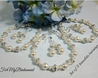 Set of 3 Bridesmaids Bracelets, Ivory white Braclelet, Pearl Bridesmaids Bracelet, Pearl Bridal Jewelry, Pearl wedding Bracelet, Weddings