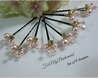 Weddings Hair Accessory Bridal Hair Pins, Pearl Pins, Rhinestone Hair Pins, Wedding Hair pins, Bridal Pearl Pins, Set of 8 - pick your color