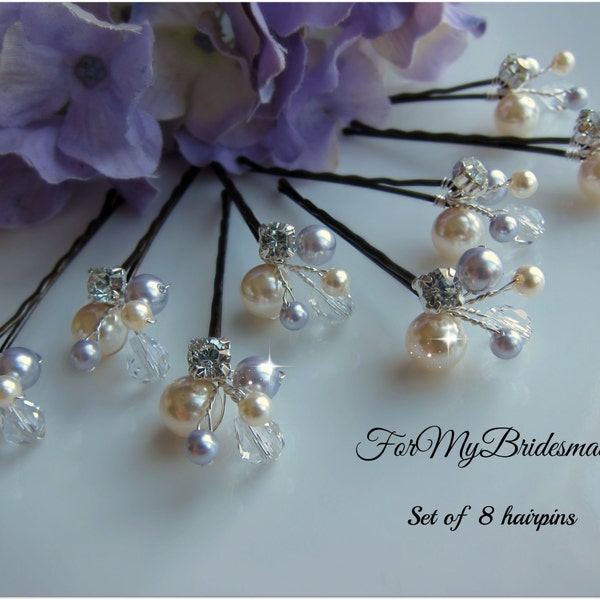 Bridal Hair Pins, Wedding Hair Accessories, Swarovski lavender ivory Pearl Wedding Hair Pins Set of 8 Hair Pin, Floral Vine Hair Pin Hairdo