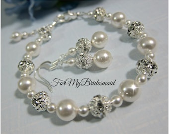 Wedding Bracelet Swarovski Pearl rhinestone fireballs beads Bridal Bracelet Wedding jewelry Wedding Accessory Pearl Bracelet, White pearls