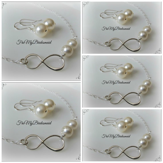 Set of 5 Infinity Necklace Sterling Silver ivory Pearl Infinity Pendant Best Friends Gift Maid of Honor Bridesmaid Infinity Charm