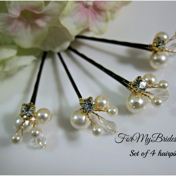 Weddings, Hair accessory, Gold Wire Pearl Hair Pins,  Rhinestone Hair Pins, Wedding Hair pins, Bridal Pearl Pins, Set of 4 - pick your color