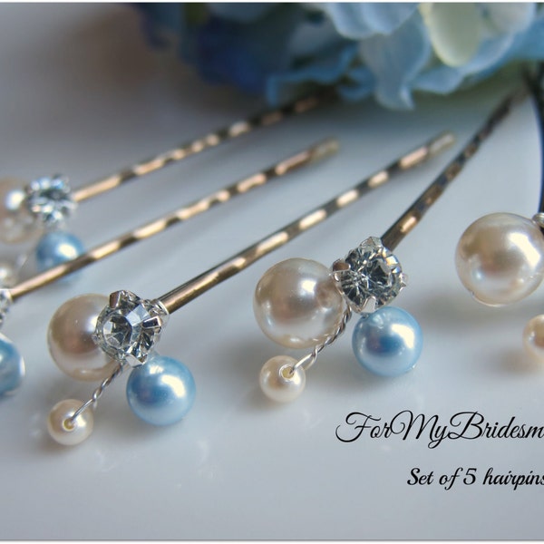 Ivory pearl hair pins, Bridal Something blue hair pins, Ivory blue Pearl Clip, Bridal Hair Pins, Set of 5 hair pins, Floral Vine hair clips