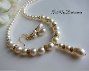 Bridal necklace Gold Wedding jewellery Swarovski pearls Rhinetone Gold Maid of honor gift Bridal Ivory white pearl Single strand Pendant