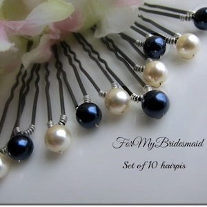 Bridal Peal Hair Pins. Wedding Ivory Navy Blue hairpins Updo.  Ivory Blue Pearl Bobby Pins. Wedding Hair Pins. 10 large Pearl Hair Pins