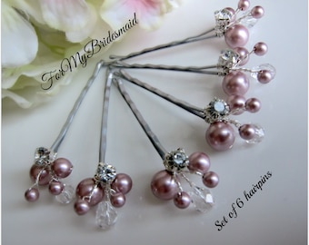 Weddings Hair Accessory Bridal Hair Pins, Pearl Pins, Rhinestone Hair Pins, Wedding Hair pins, Bridal Pearl Pins, Set of 6 - pick your color