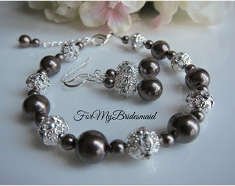 Bridesmaid Bracelet Set - Swarovski Pearl Bracelet with Rhinestone Focal pearls bridal wedding jewelry gift gifts choice of color Brown