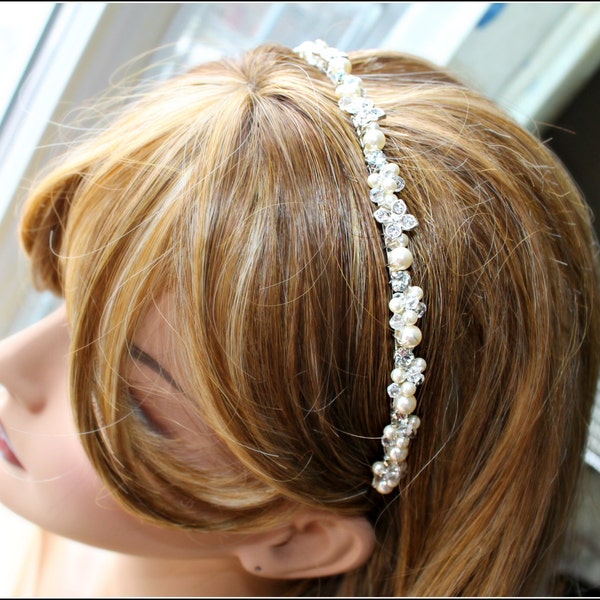 swarovski crystal headband, wedding headpiece, wedding headband, bridal white navy blue headband, ivory pearl headpiece, wedding accessories
