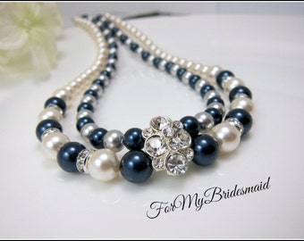 Wedding Necklace Bridal Pearl Necklace, Vintage Style Necklace, 2 strand Necklace, Rhinestone and Pearl Necklace Navy Blue Statement Jewelry