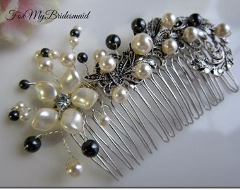 Wedding hair comb, Head Piece, Black ivory cream pearl comb, Victorian Bling, flower hair accessories, hair jewelry, wedding, bride,prom