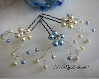 Bridal Flower Bobby Pins, Swarovski Ivory blue pearl, Wedding Accessories, Pearl hair clips, silver, Bridesmaid hair do, Pearl hair piece