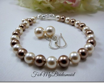 Pearl Bridal Bracelet White Ivory Swarovski Pearl Bracelet Bridesmaid Gift Bracelet Champagne Brown Wedding Jewelry Bridal Party Gifts