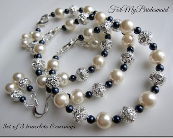 3 Bridesmaid jewelry set -bracelet with earrings Swarovski Ivory Navy Blue Pearls Spring summer Wedding Brdesmaid Gifts 3 bracelets earrings