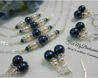 Dark Navy Blue Bridesmaid Wedding Jewelry, Set of 4 bridesmaids, Navy Blue Ivory Necklace Earring Pearl Set, Bridesmaid Gift, Beaded Jewelry