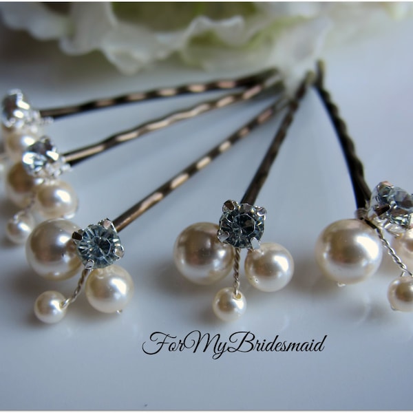 Ivory Pearl Clip, Bridal Hair Pins, Wedding Hair Accessories, Swarovski Pearl Wedding Hair Pins, Set of 5, Floral Vine, White hair clips.
