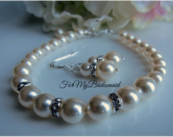 Bridesmaid Bracelet and Earrings, Bridal Jewelry, Bridesmaid Gift Set, Bridal Pearl Bracelet, Wedding Pearl Jewelry, Bridesmaid Accessories,