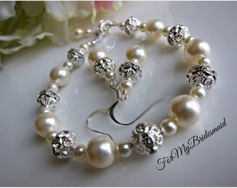 Weddings, accessories, Bridal Jewelry, Bracelet Swarovski Pearl rhinestone fireballs beads Wedding Accessory Pearl Bracelet, ivory pearls