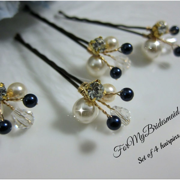 Mariages, Accessoires, Swarovski Pearl Wedding Hair Pin Set de 4 Hair Pin, Câblage en or Épingles à cheveux, Pinces en ivoire bleu marine, Coiffure de demoiselle d’honneur